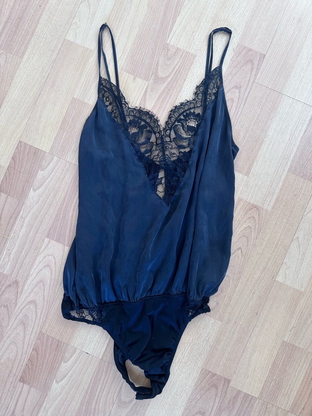 Black Lace-Trim Satin Bodysuit Chemise - Women Intimates